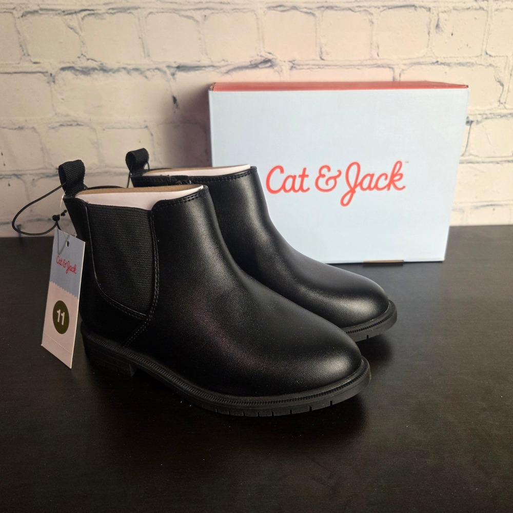 Cat & Jack Black Chelsea Boots Faux Leather Kids Sz 11 Side Zip